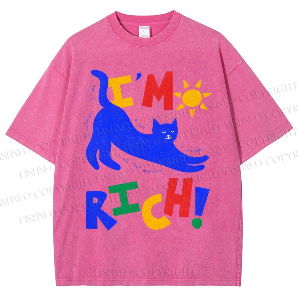 Unisex I'm Rich Cat Printed Washed Tee