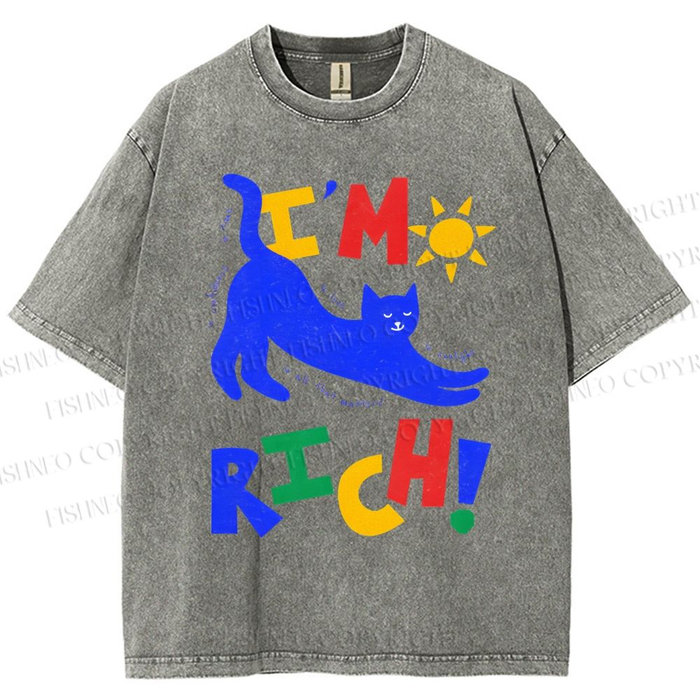 Unisex I'm Rich Cat Printed Washed Tee