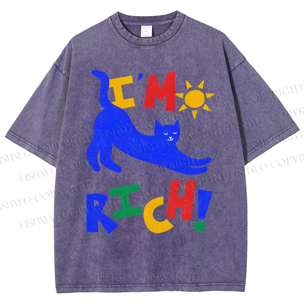 Unisex I'm Rich Cat Printed Washed Tee