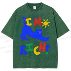 Unisex I'm Rich Cat Printed Washed Tee