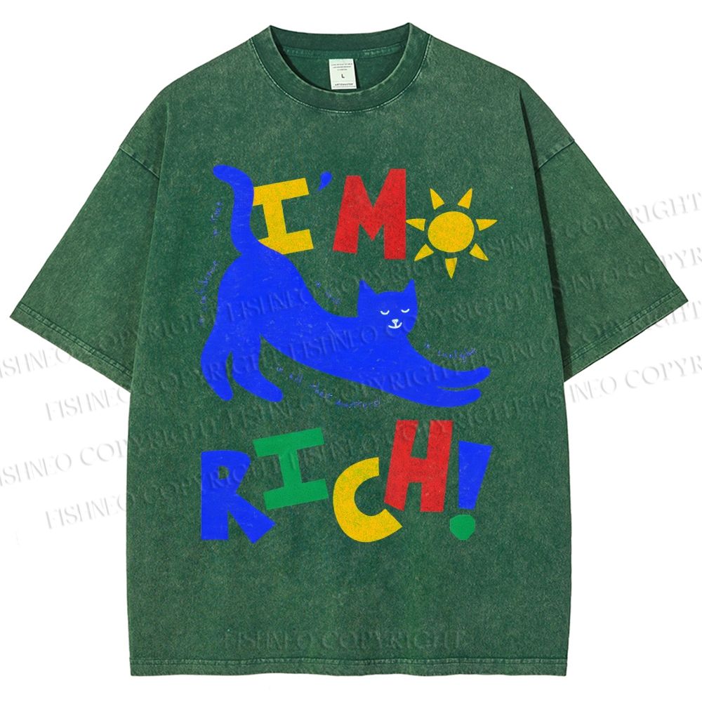 Unisex I'm Rich Cat Printed Washed Tee