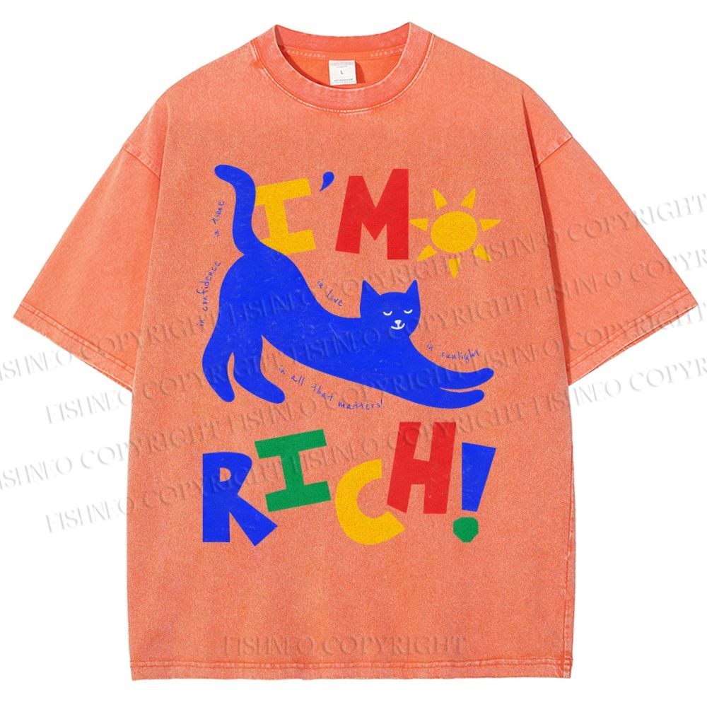 Unisex I'm Rich Cat Printed Washed Tee