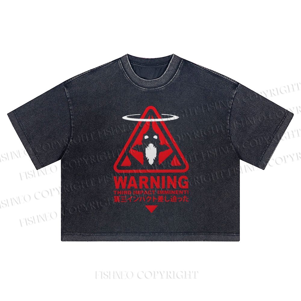Warning Printed Washed Cropped T-Shirt