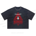 Warning Printed Washed Cropped T-Shirt