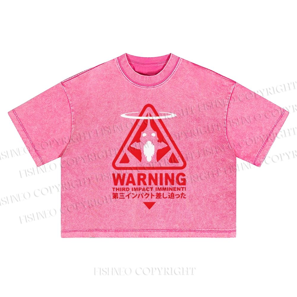 Warning Printed Washed Cropped T-Shirt
