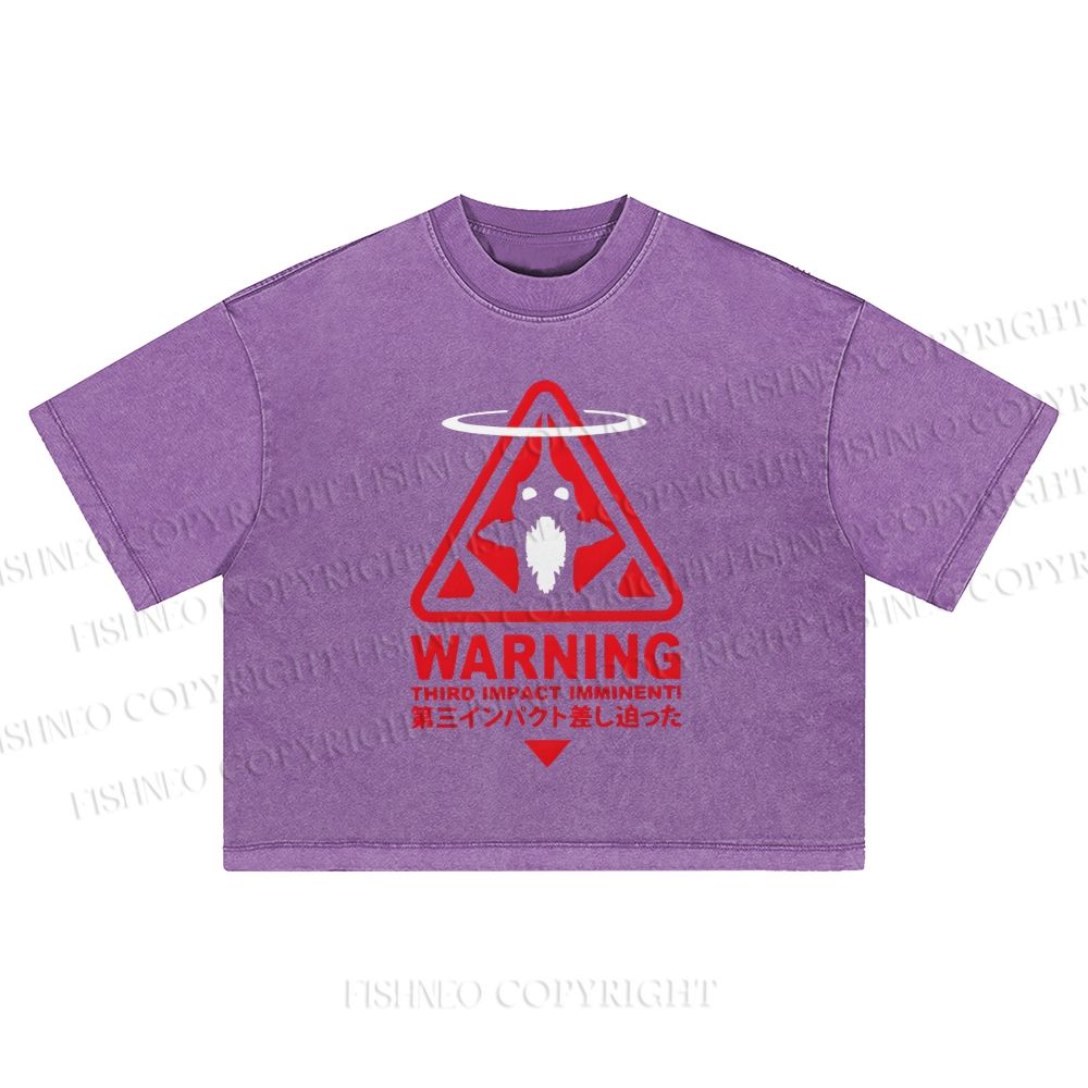 Warning Printed Washed Cropped T-Shirt