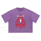 Warning Printed Washed Cropped T-Shirt
