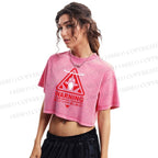 Warning Printed Washed Cropped T-Shirt