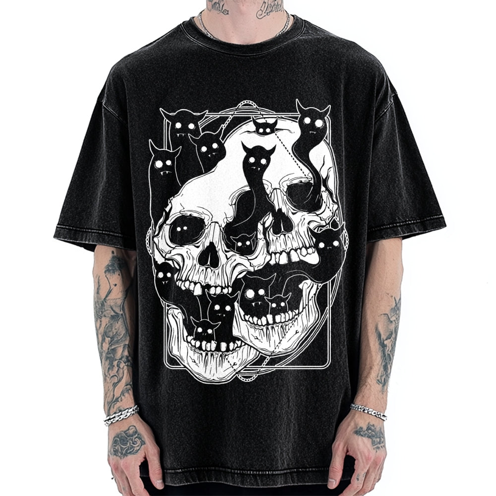 Cat Ghost Double Skull Vintage Washed T-shirt