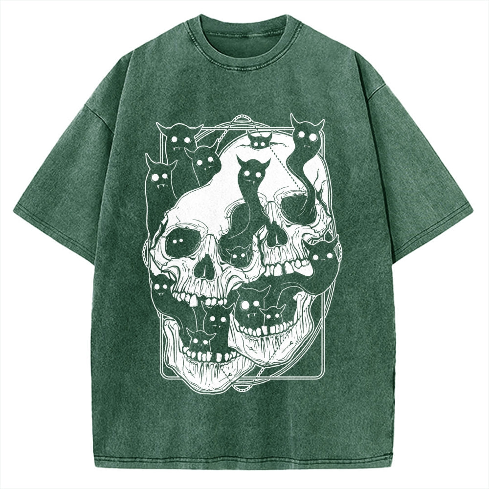 Cat Ghost Double Skull Vintage Washed T-shirt