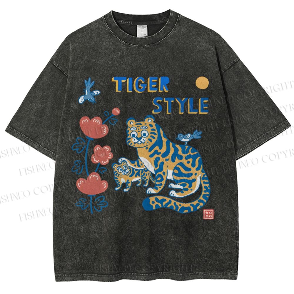 Unisex Tiger Style Printed Washed Tee