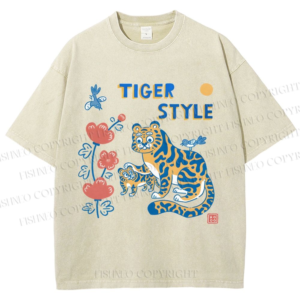 Unisex Tiger Style Printed Washed Tee