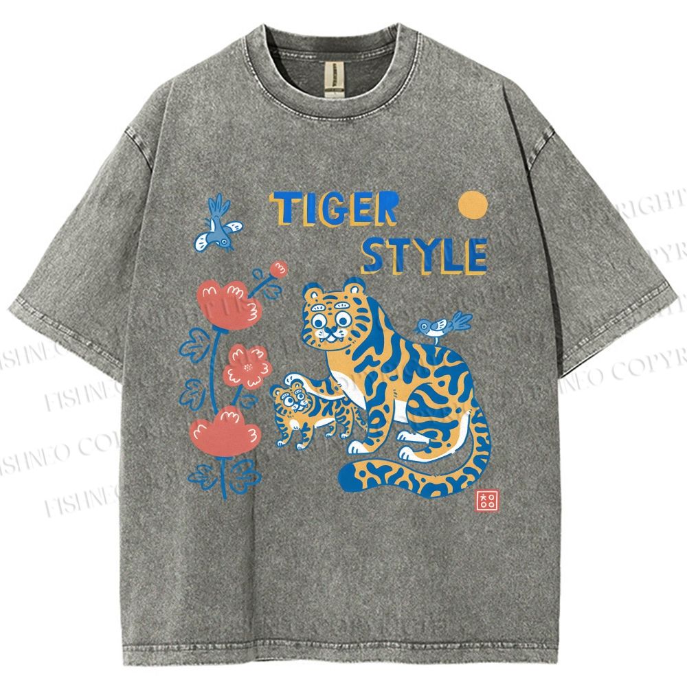 Unisex Tiger Style Printed Washed Tee