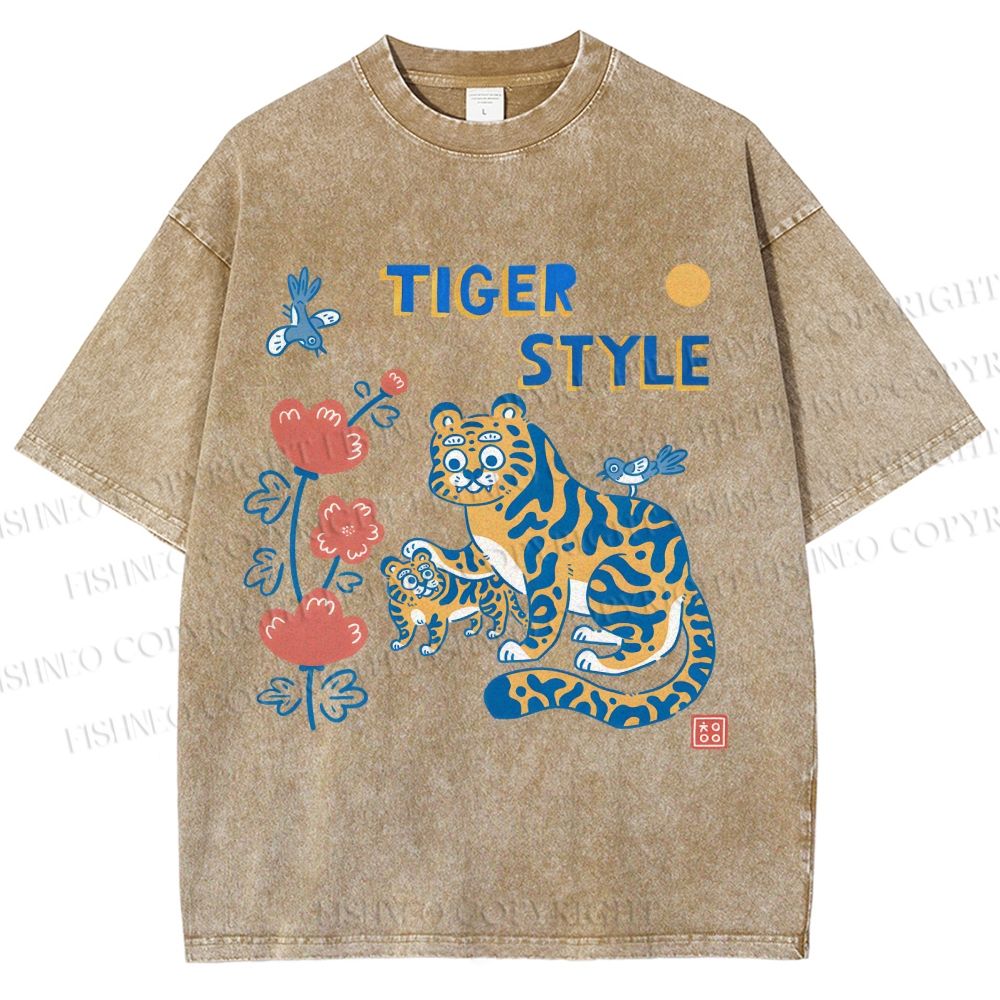 Unisex Tiger Style Printed Washed Tee