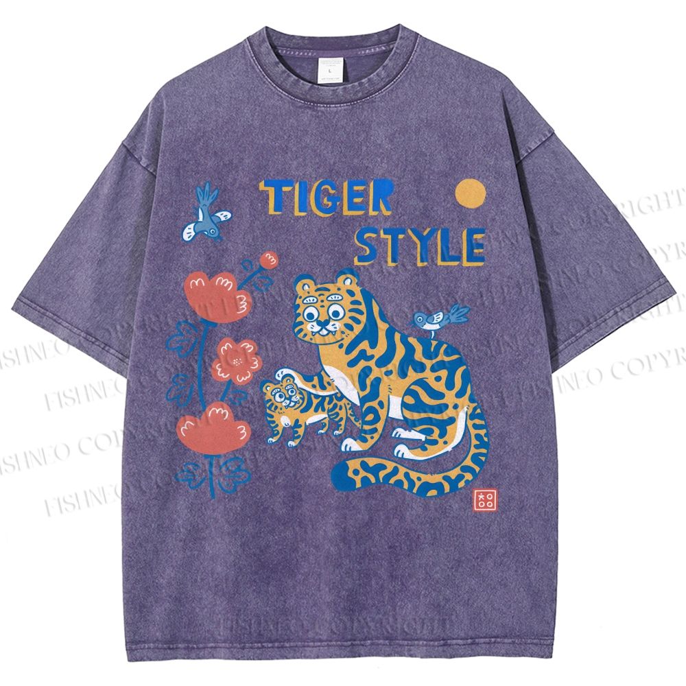 Unisex Tiger Style Printed Washed Tee