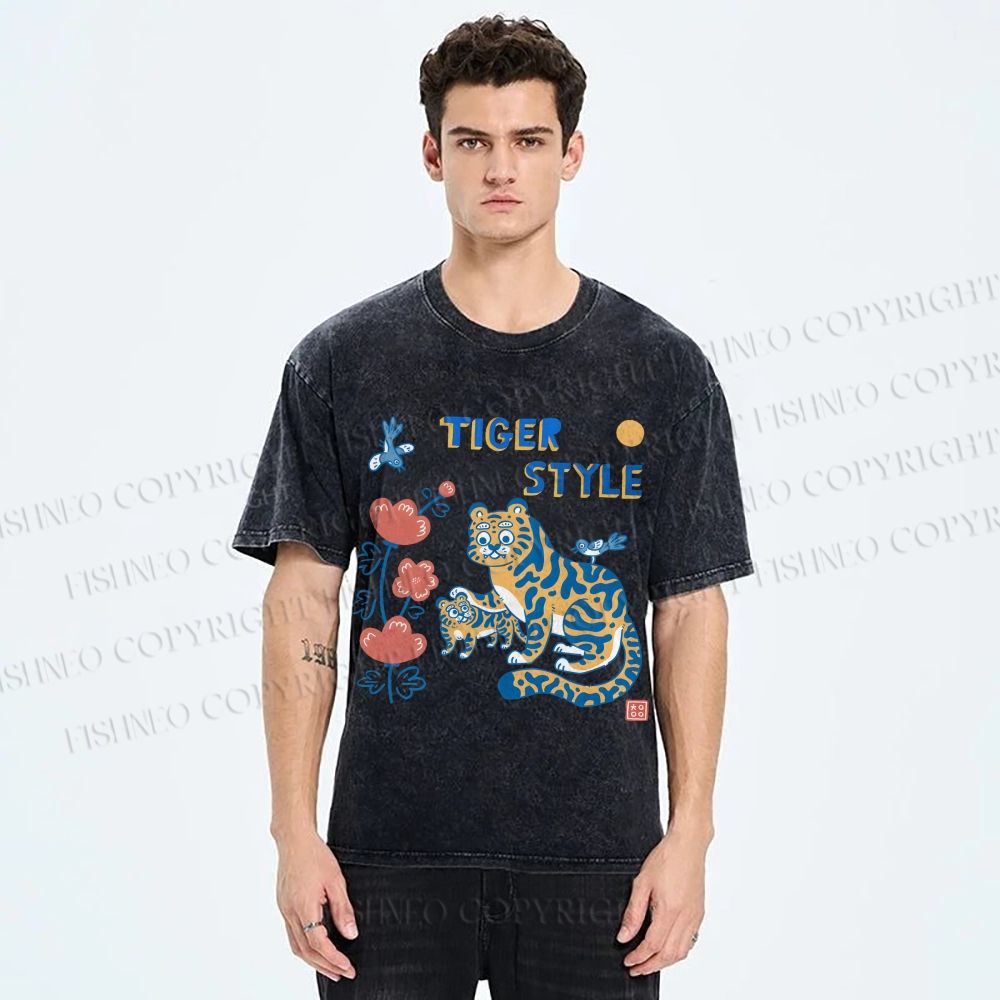 Unisex Tiger Style Printed Washed Tee
