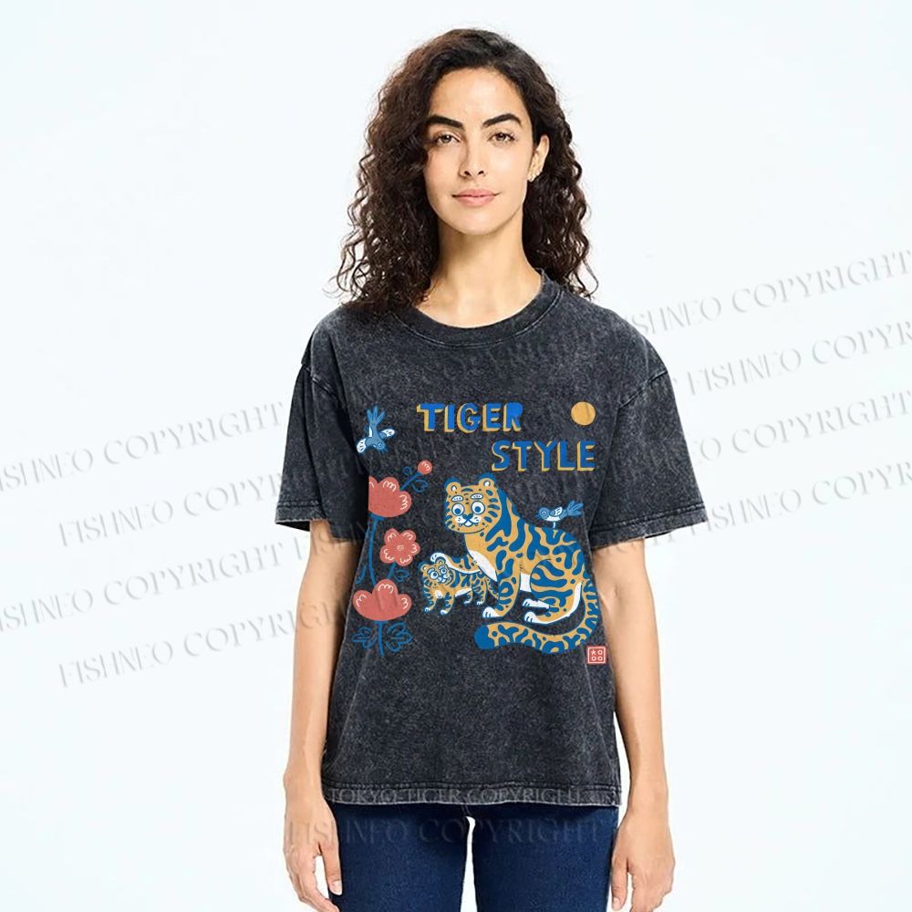 Unisex Tiger Style Printed Washed Tee