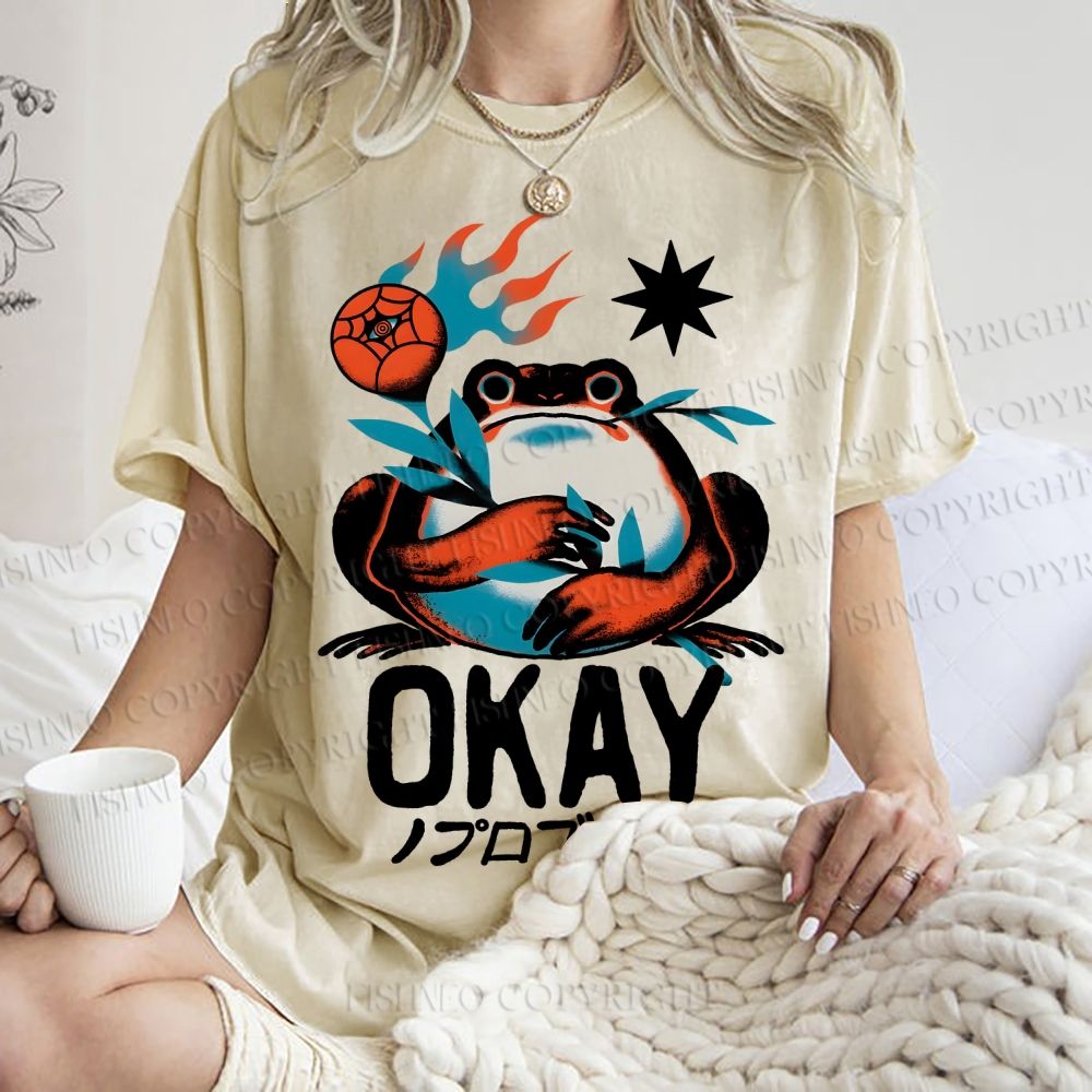 Unisex Okay Frog Printed Washed Tee