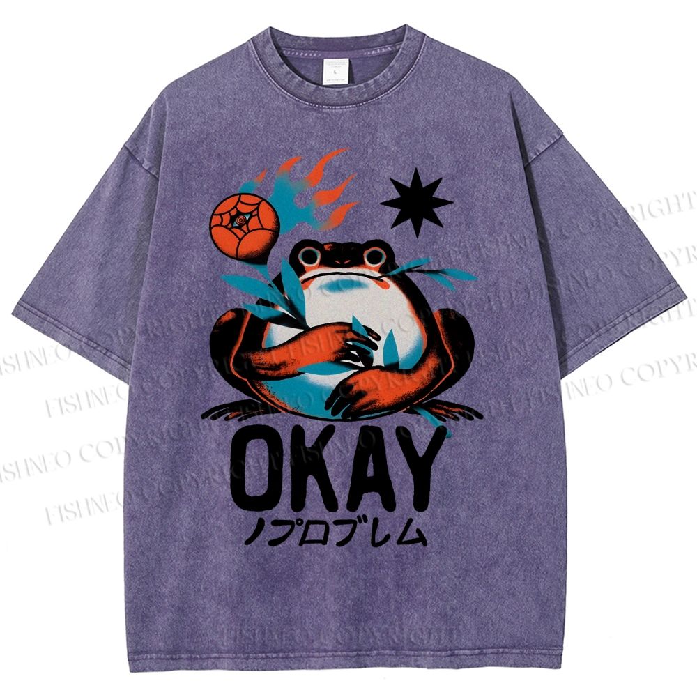 Unisex Okay Frog Printed Washed Tee