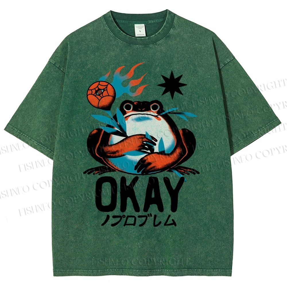 Unisex Okay Frog Printed Washed Tee