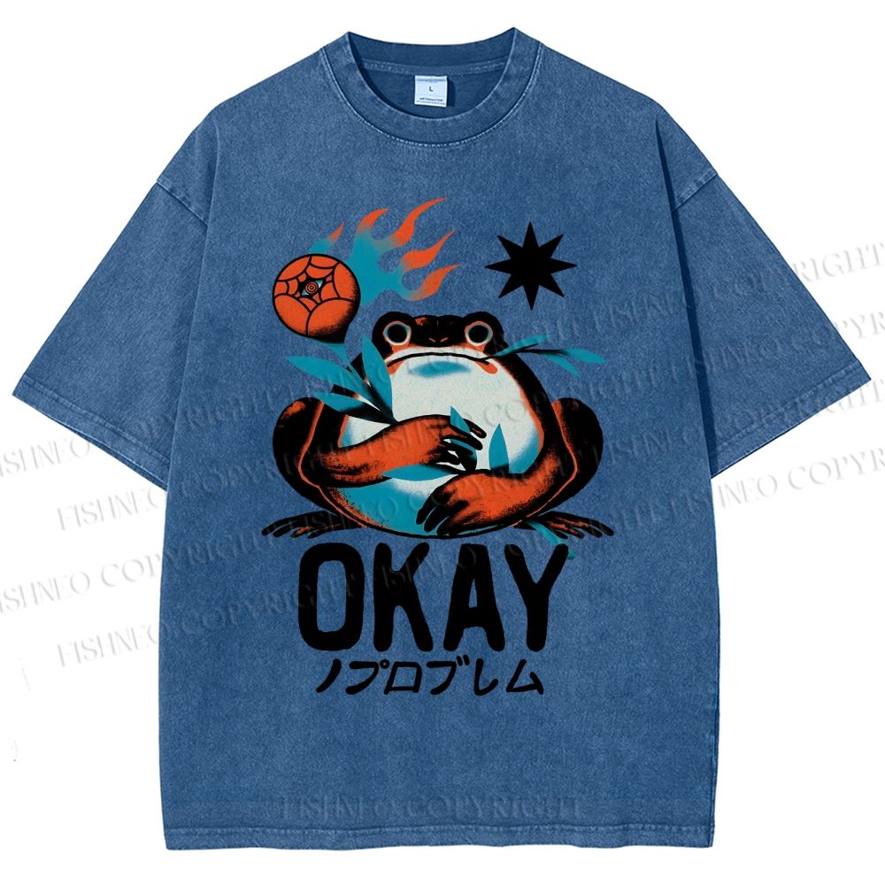 Unisex Okay Frog Printed Washed Tee