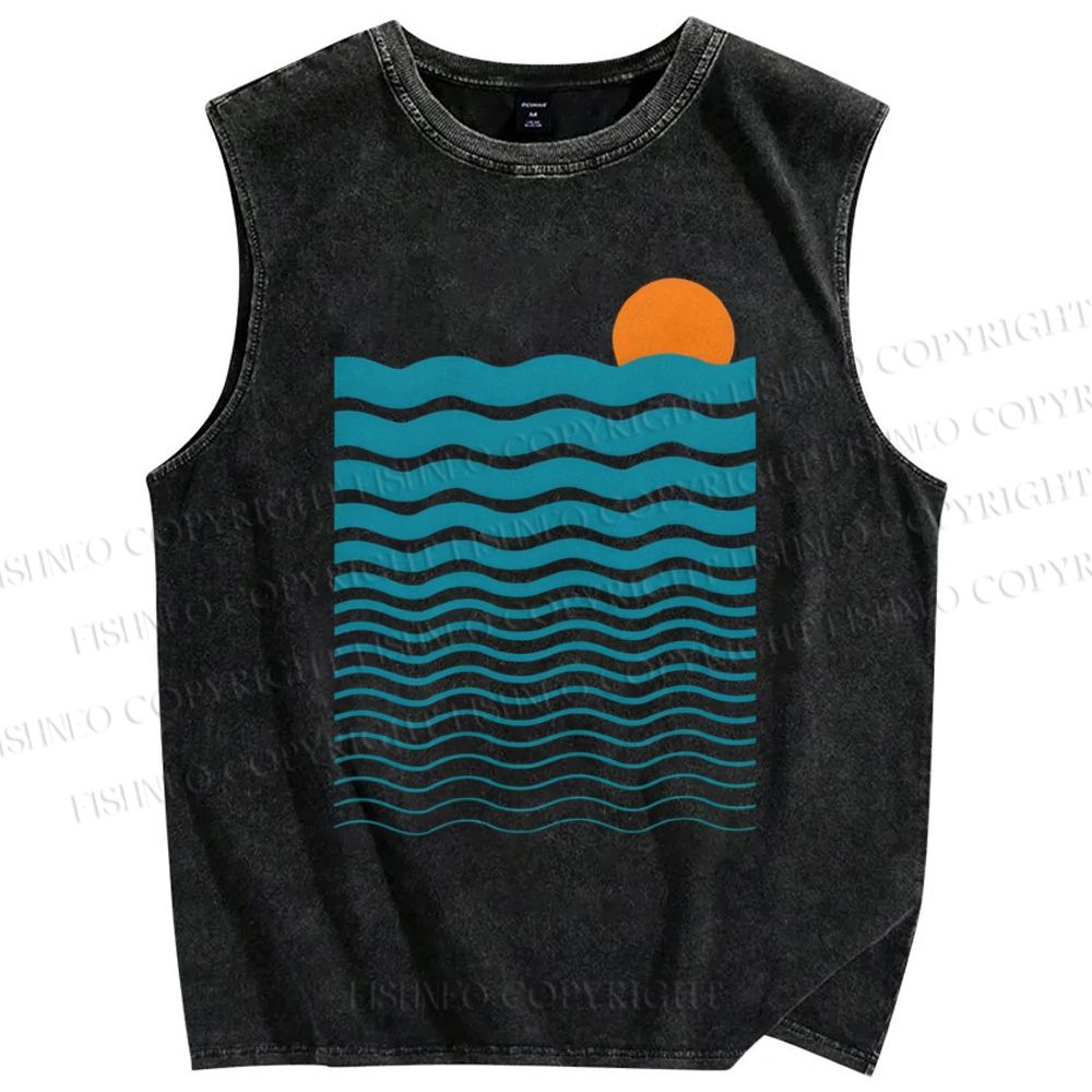Unisex Geometric Waves Printed Washed Tank Top