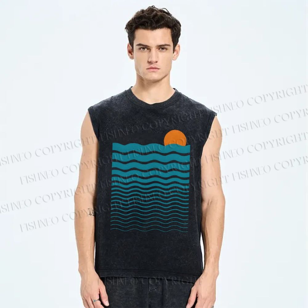 Unisex Geometric Waves Printed Washed Tank Top