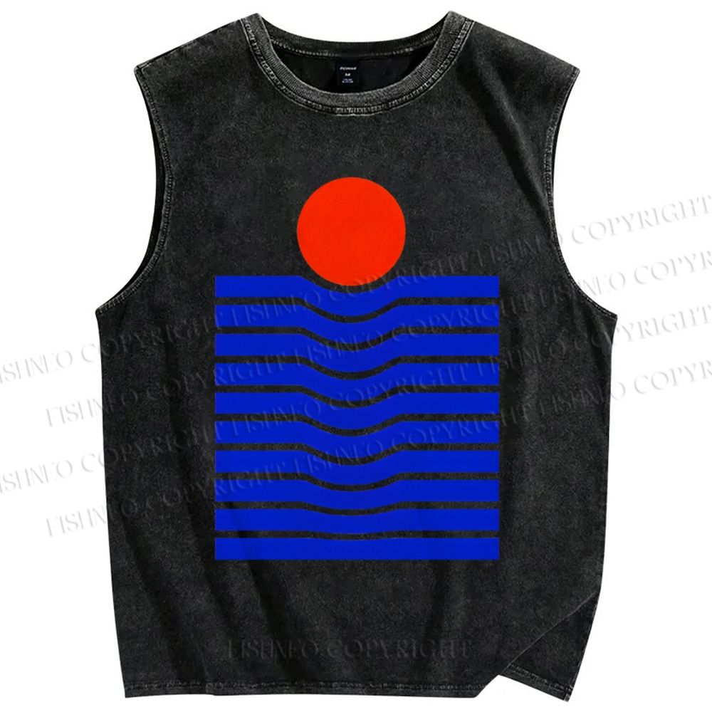 Unisex Geometric Waves Printed Washed Tank Top