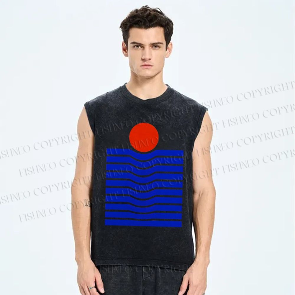 Unisex Geometric Waves Printed Washed Tank Top