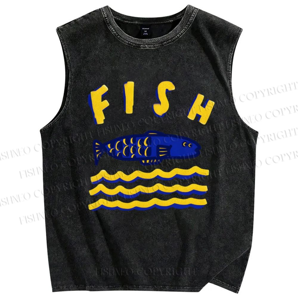 Unisex Cartoon Wave Fish Printed Washed Tank Top