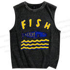 Unisex Cartoon Wave Fish Printed Washed Tank Top
