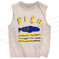 Unisex Cartoon Wave Fish Printed Washed Tank Top