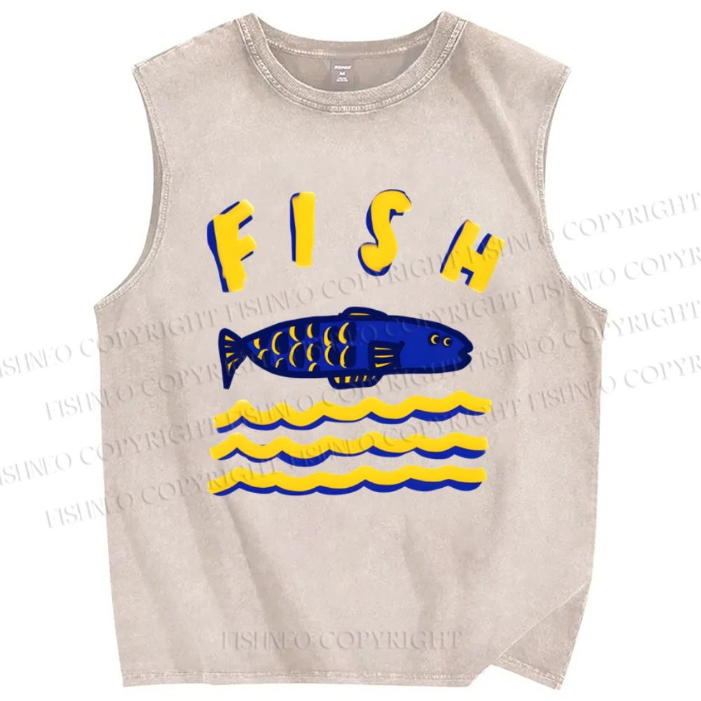 Unisex Cartoon Wave Fish Printed Washed Tank Top