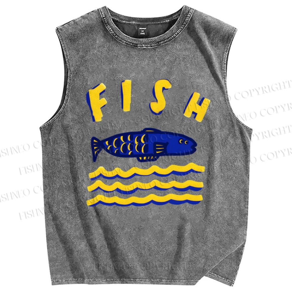 Unisex Cartoon Wave Fish Printed Washed Tank Top