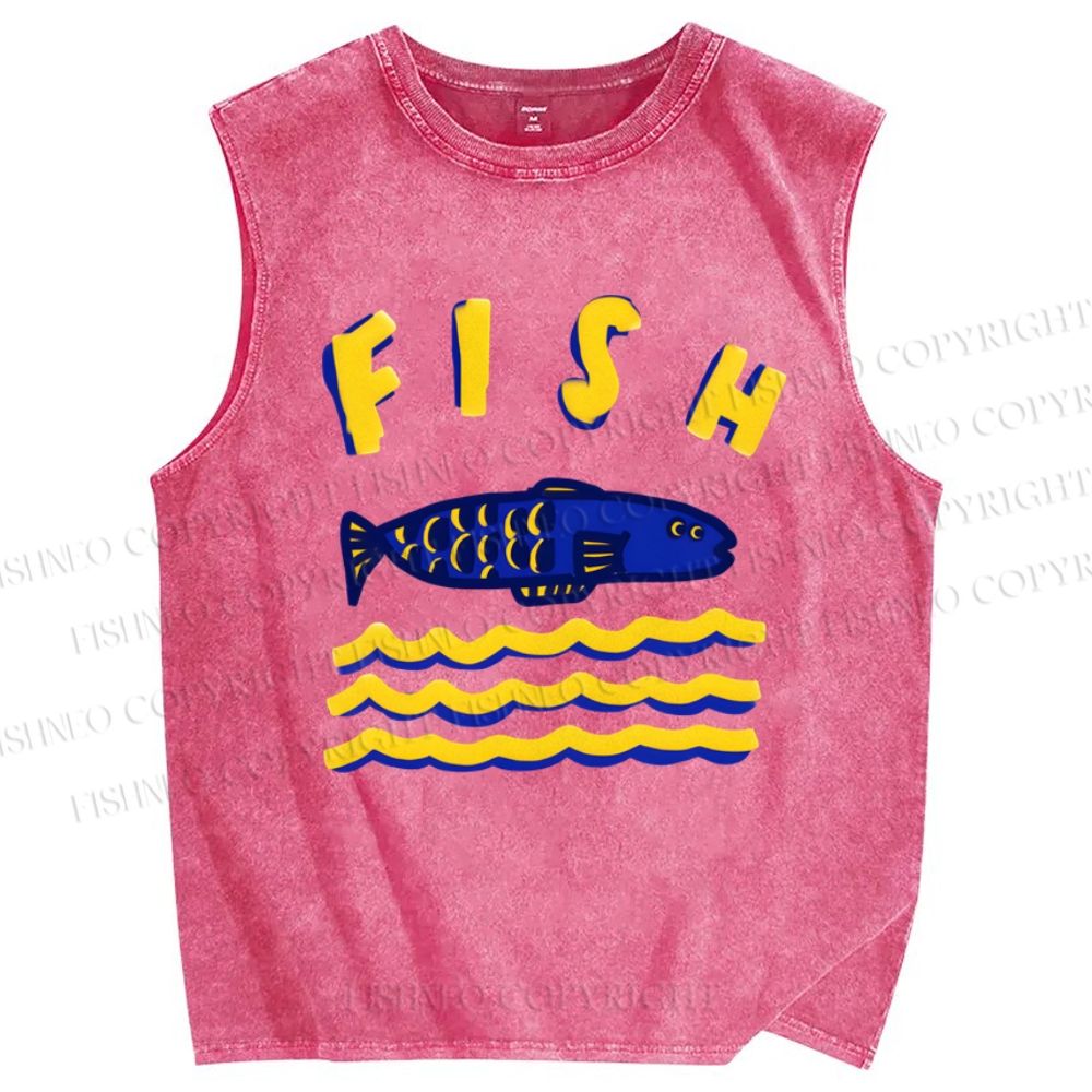 Unisex Cartoon Wave Fish Printed Washed Tank Top