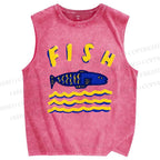 Unisex Cartoon Wave Fish Printed Washed Tank Top