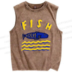 Unisex Cartoon Wave Fish Printed Washed Tank Top