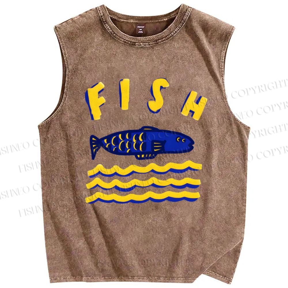 Unisex Cartoon Wave Fish Printed Washed Tank Top
