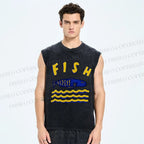 Unisex Cartoon Wave Fish Printed Washed Tank Top