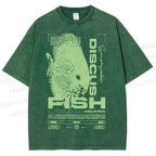 Unisex Fish Printed Washed Tee