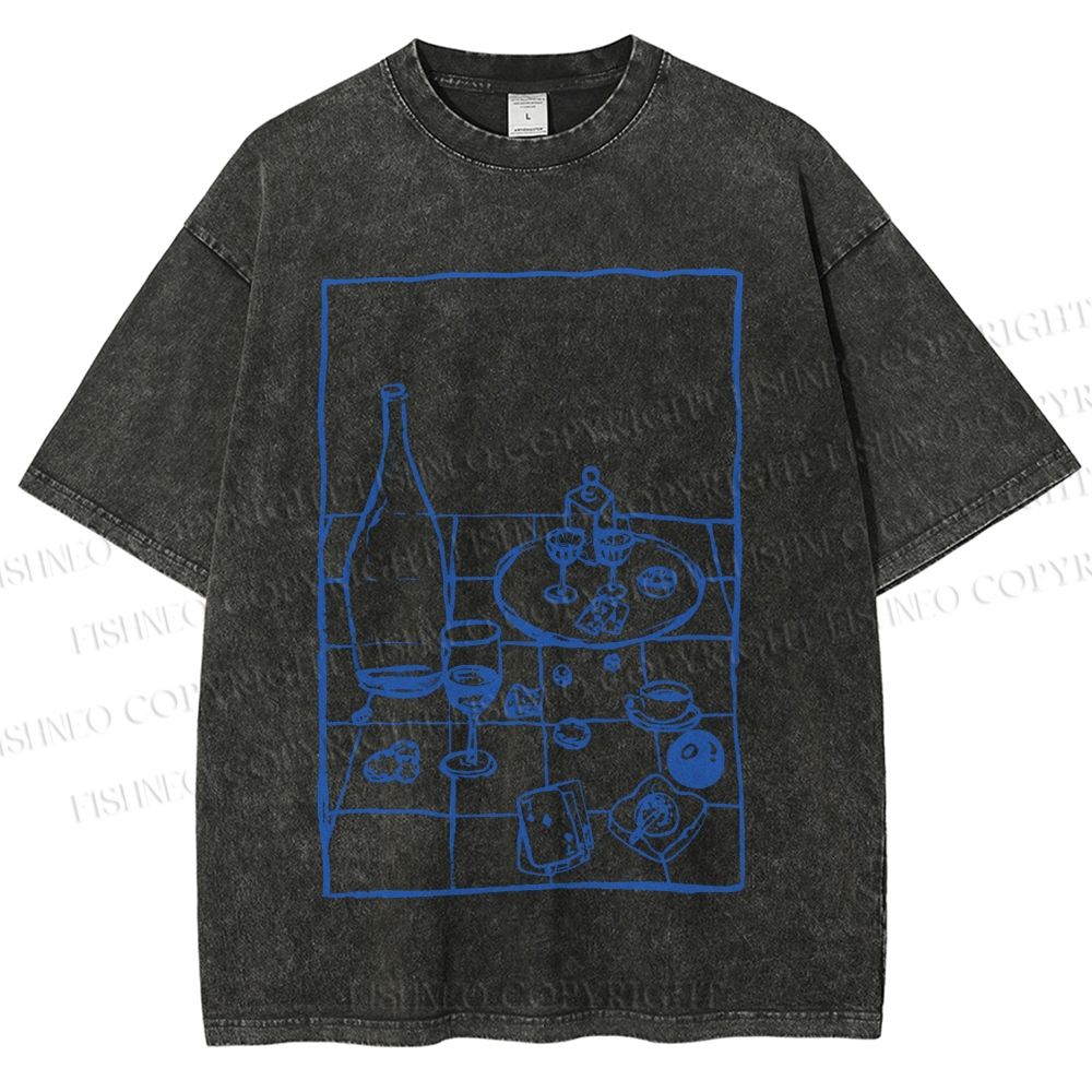 Unisex Vintage Dining-table Printed Washed Tee