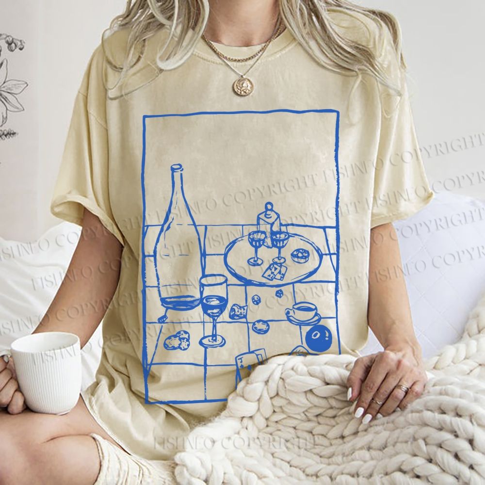 Unisex Vintage Dining-table Printed Washed Tee