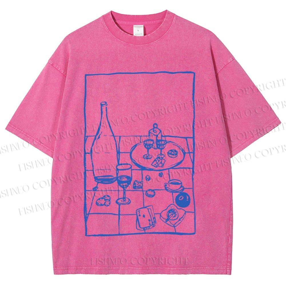 Unisex Vintage Dining-table Printed Washed Tee