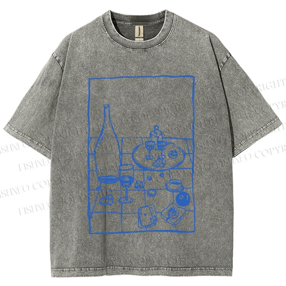 Unisex Vintage Dining-table Printed Washed Tee