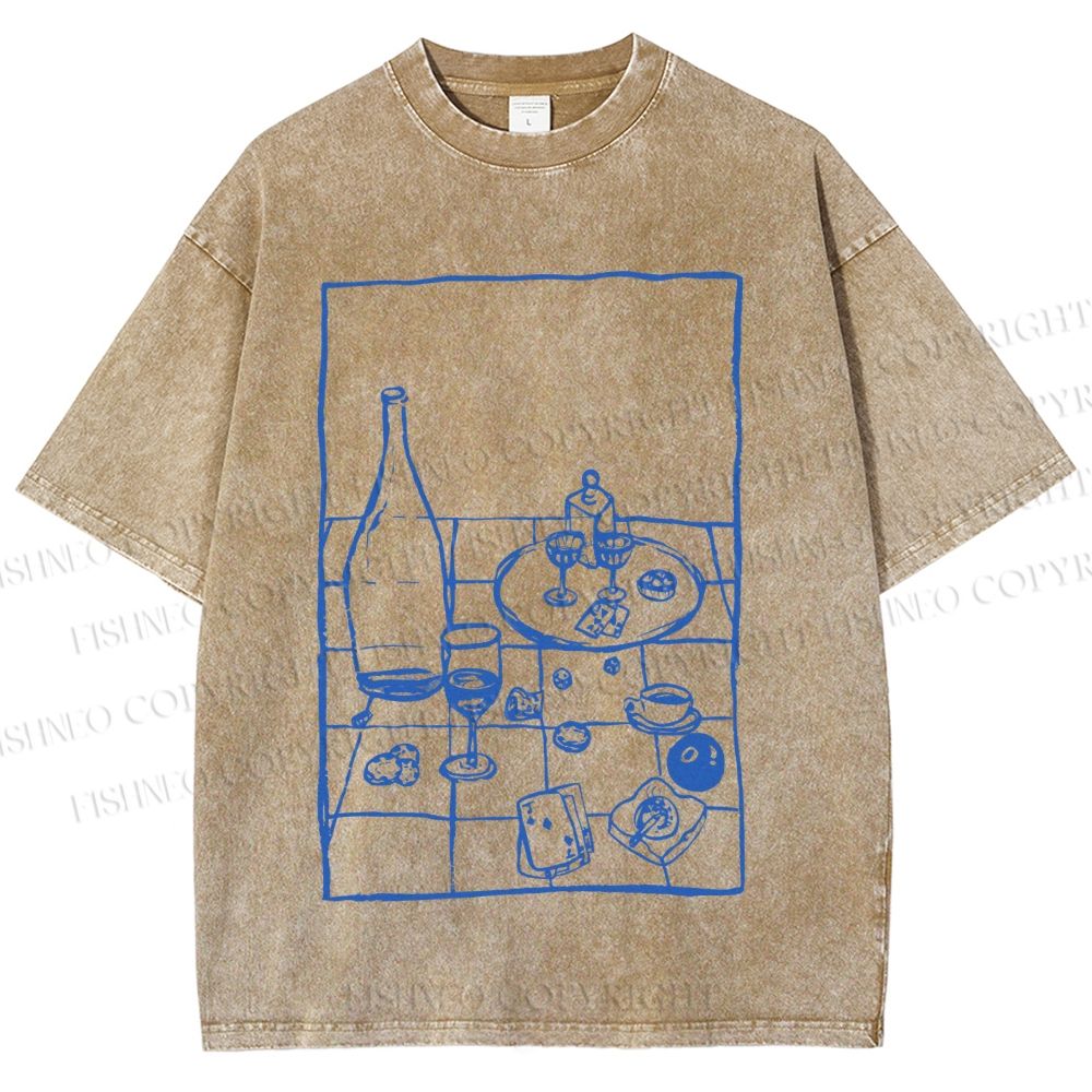 Unisex Vintage Dining-table Printed Washed Tee