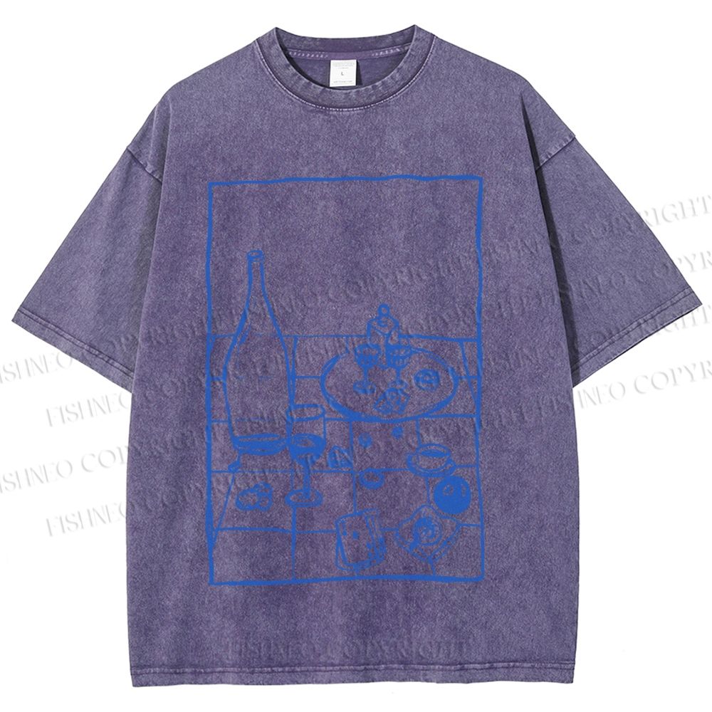Unisex Vintage Dining-table Printed Washed Tee