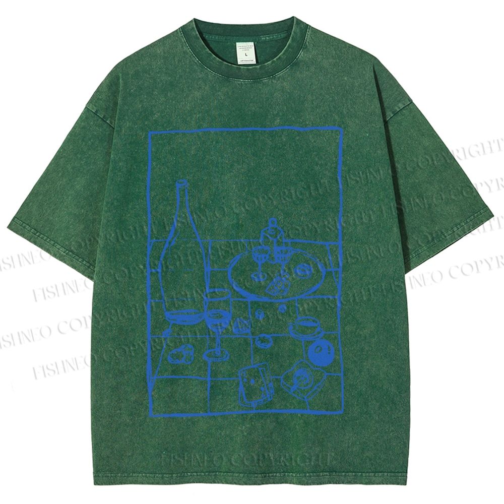 Unisex Vintage Dining-table Printed Washed Tee