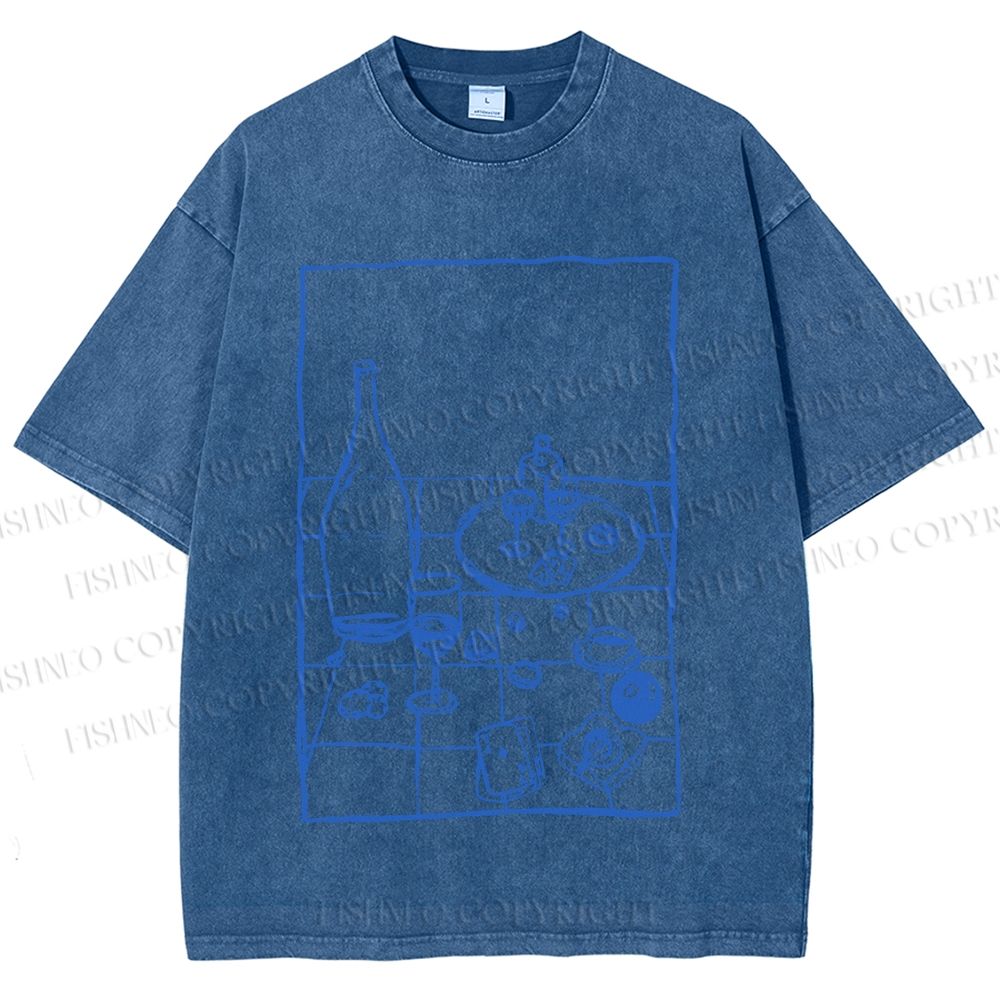 Unisex Vintage Dining-table Printed Washed Tee