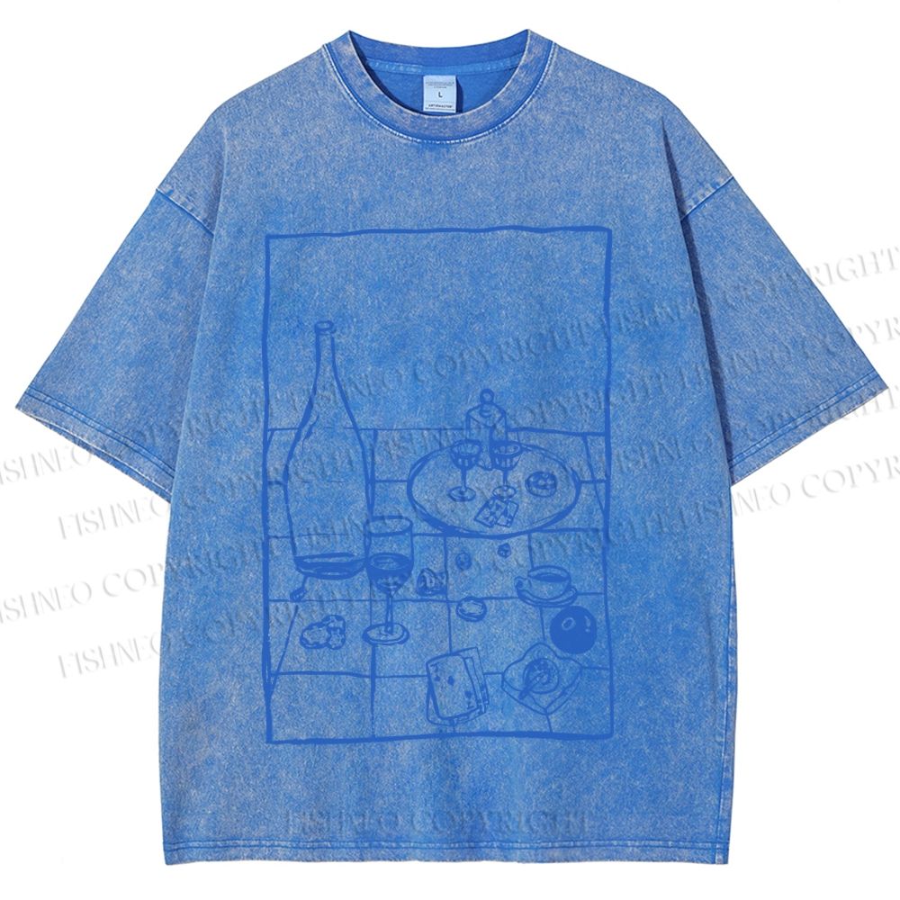 Unisex Vintage Dining-table Printed Washed Tee