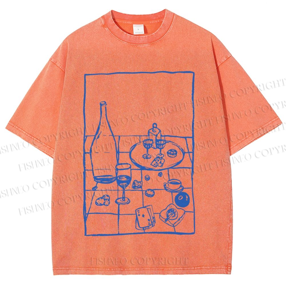 Unisex Vintage Dining-table Printed Washed Tee